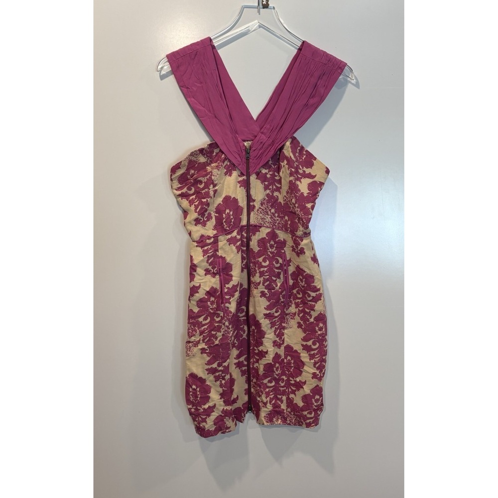 Frock by Tracy Reese Silk Linen Damask Floral Mini Dress Magenta Cream Size 8